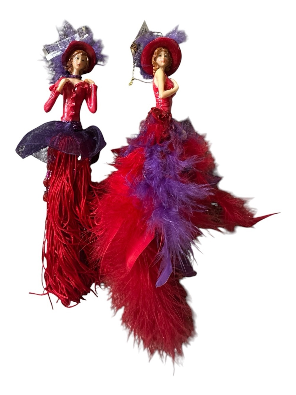 Red Hat Society Ornaments Red and Purple Feathered Doll Pair